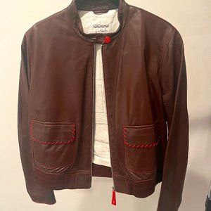 Henri Beguelin Brown leather bomber jacket with red stitching - Size 46